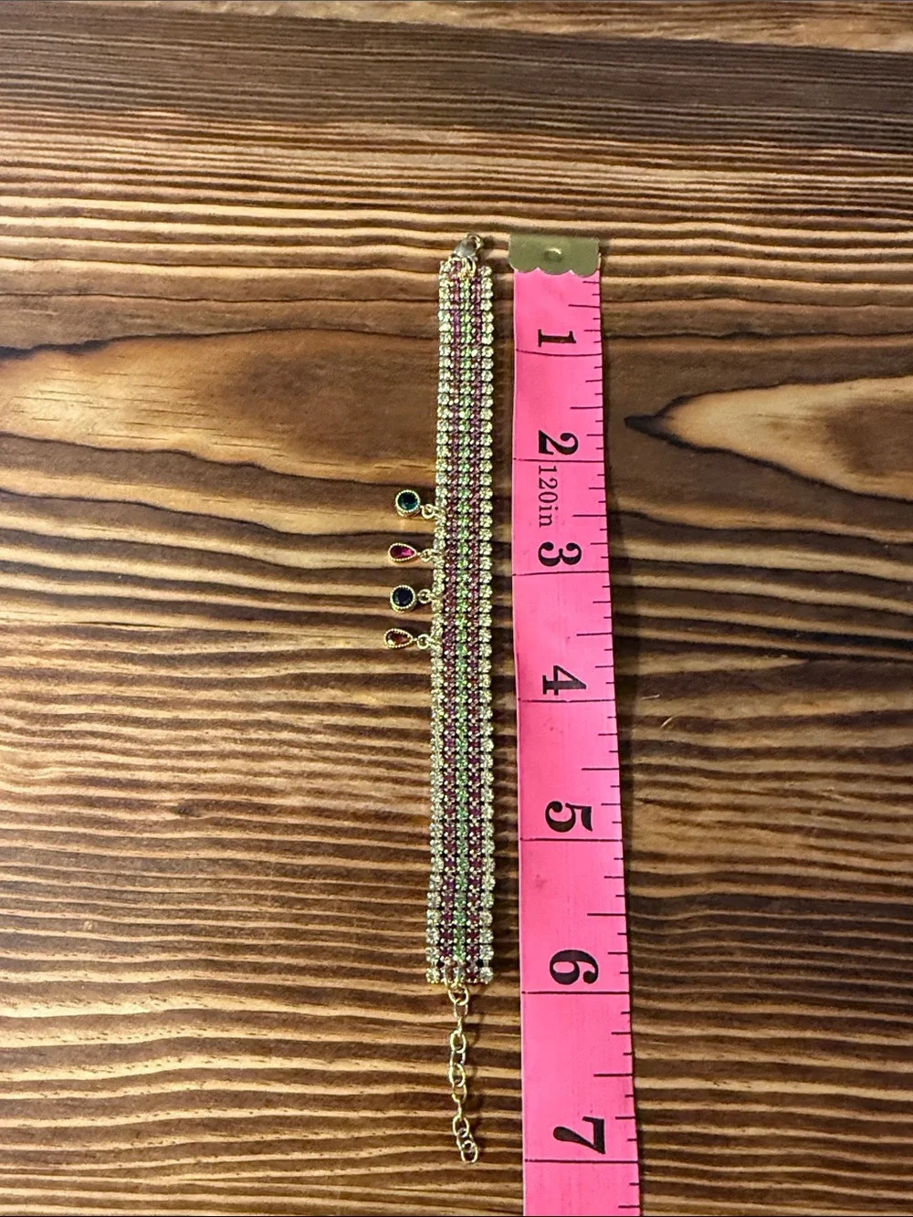 Gold-Tone Pink and Green Multi-Stone Bracelet with Dangle Charms
